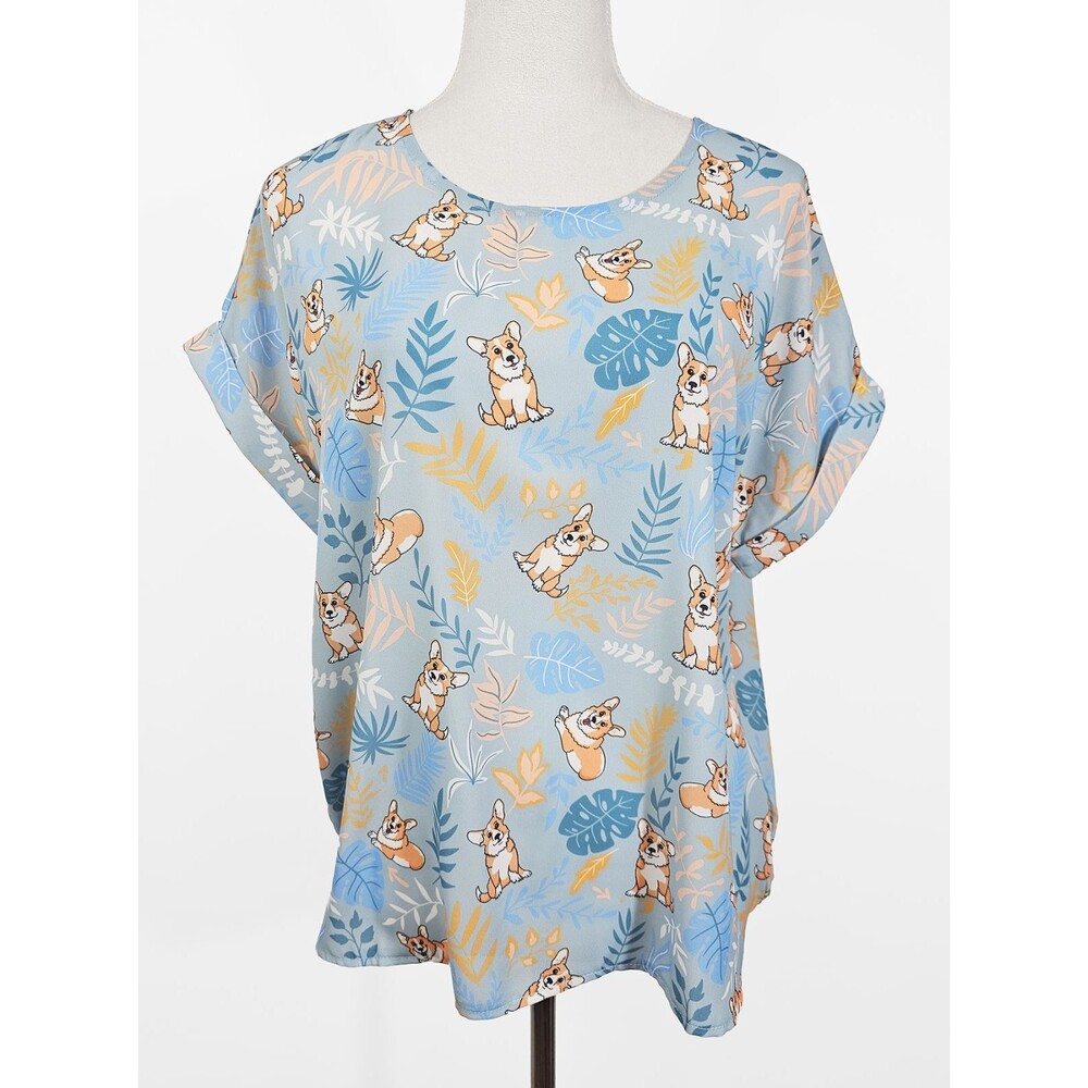 LA Soul Large Sky Blue Semi Sheer Women's Corgi Print Blouse